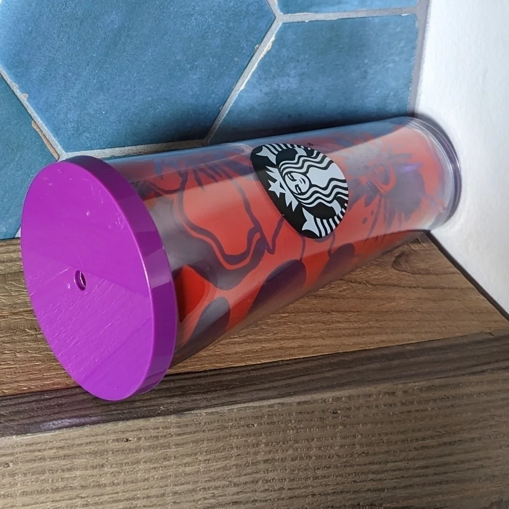 2014 Starbucks Venti Cold Cup Tumbler Red/Purple Hibiscus Flower 24 Oz